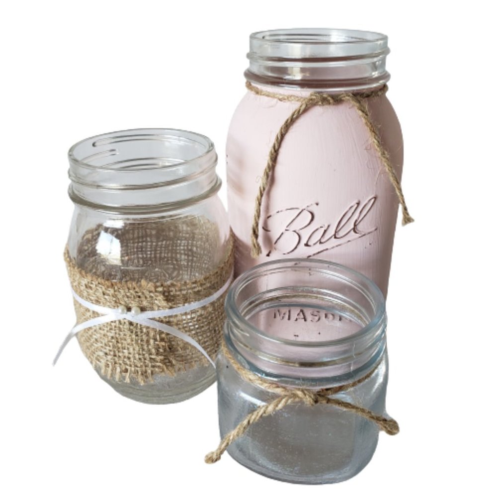 Mason Jar Trio Pink Burlap Lace Wedding Handmade